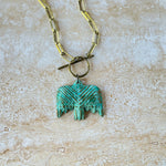 Load image into Gallery viewer, Verdigris Folkart Bird Necklace, antique brass paperclip chain
