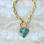 Load image into Gallery viewer, Verdigris Heart Charm Necklace, matte gold paperclip chain
