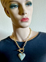 Load image into Gallery viewer, Verdigris Heart Charm Necklace, matte gold paperclip chain
